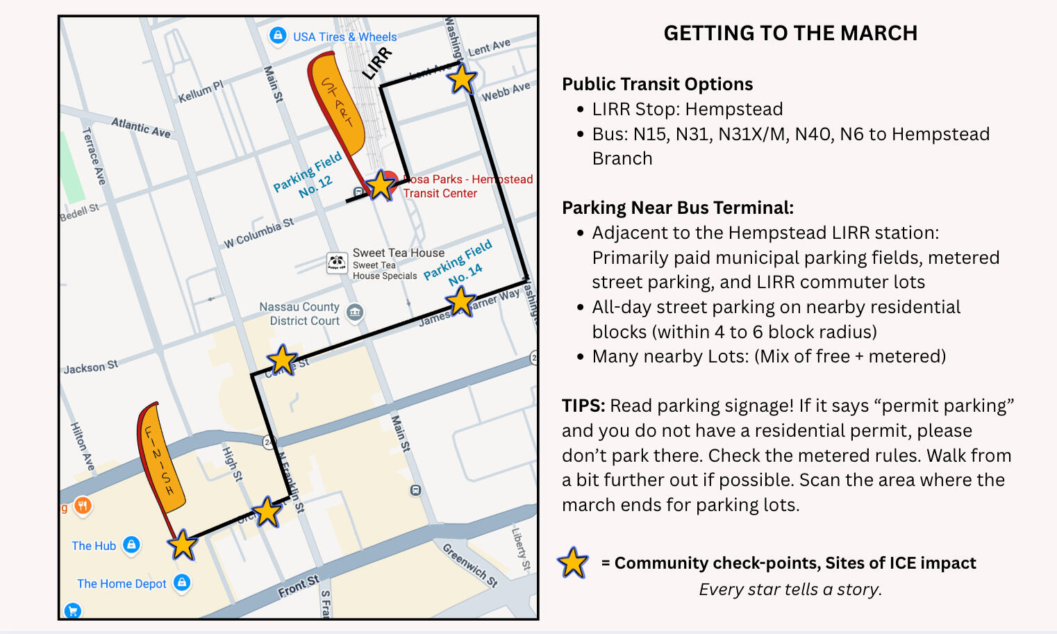 Banner for ICE Out of Long Island March for Humanity event in Hempstead Long Island, NY. On May Day, May 1st, International Worker's Day. Line up starts at 3pm. Advocacy group marching for humanity and ICE removal in Hempstead, Long Island. #fromtheheartof
